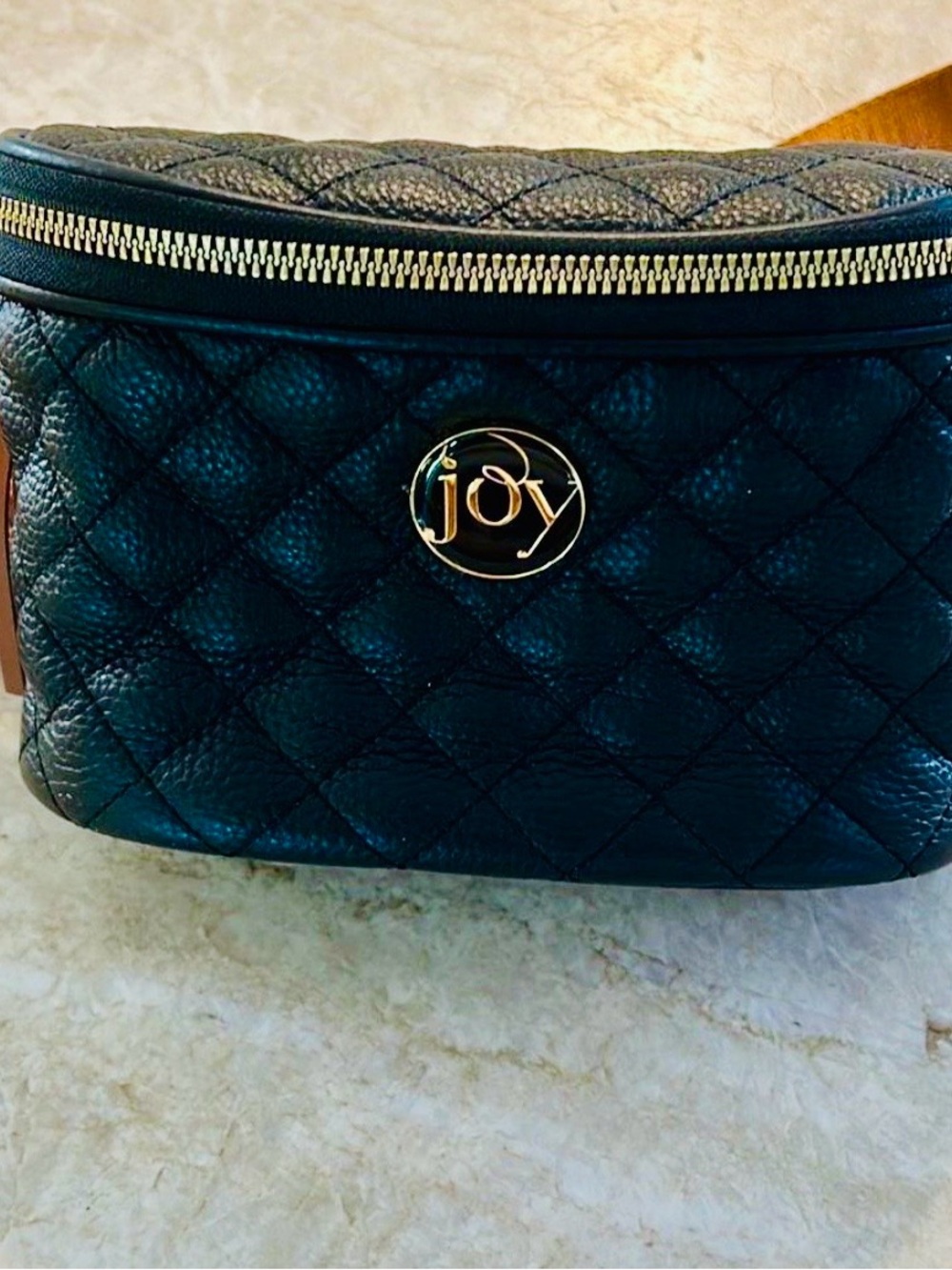 Joy Mangano Black Quilted Mini Crossbody with Brown Strap and Gold Hardware